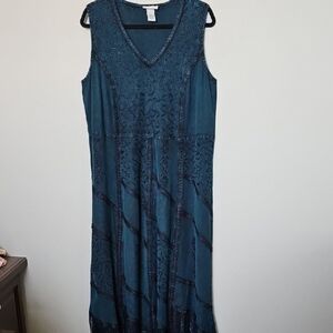 Catherines Fairy Goth Victorian Steampunk Teal Embroidered Maxi House Dress 0X